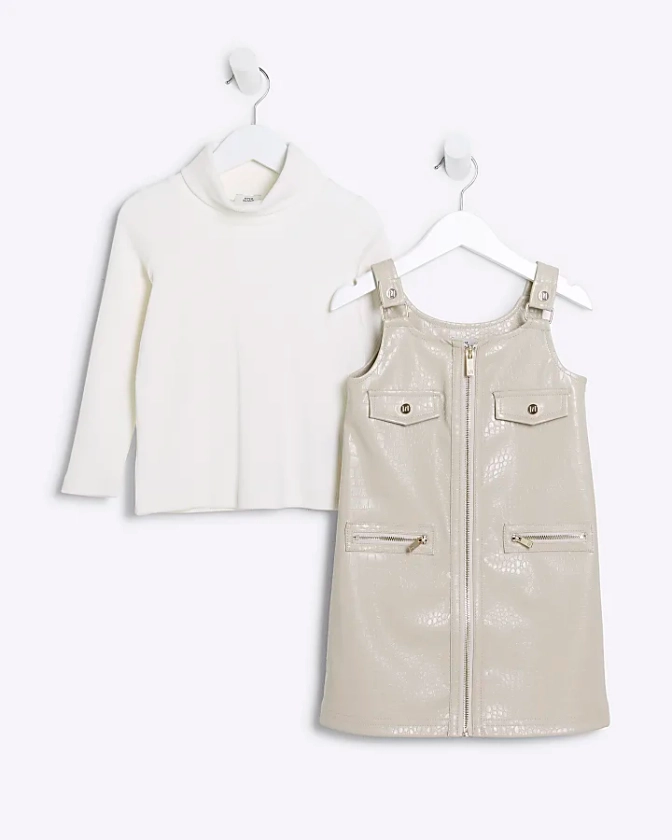 Mini girls cream croc embossed dress set | River Island