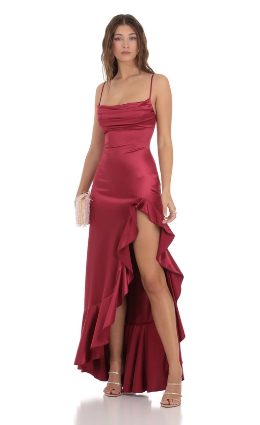 Satin Ruffle Maxi Dress in Maroon | LUCY IN THE SKY