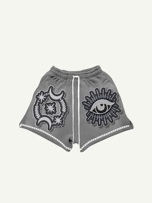 Moon&Star&Eye Faux Decal Print Drawstring Waist Shorts
