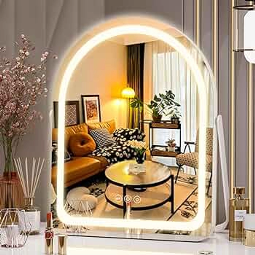 Hasipu Vanity Mirror with Lights, 11"×14" LED Makeup Mirror, Lighted Makeup Mirror with Lights, Smart Touch Control Dimmable 3 Modes Light 360°Rotation White
