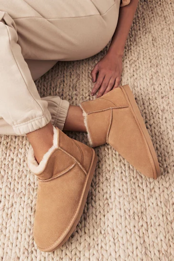 Tan Brown Faux Fur Lined Suede Slipper Boots