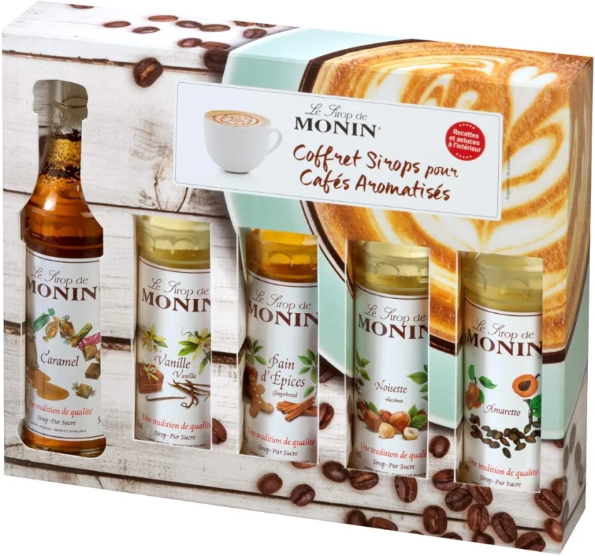 MONIN - Coffret pour Boissons Chaudes - Caramel, Amaretto, Noisette Grillée, Pain d'Épices et Vanille - 5x5cl : Amazon.fr: Epicerie