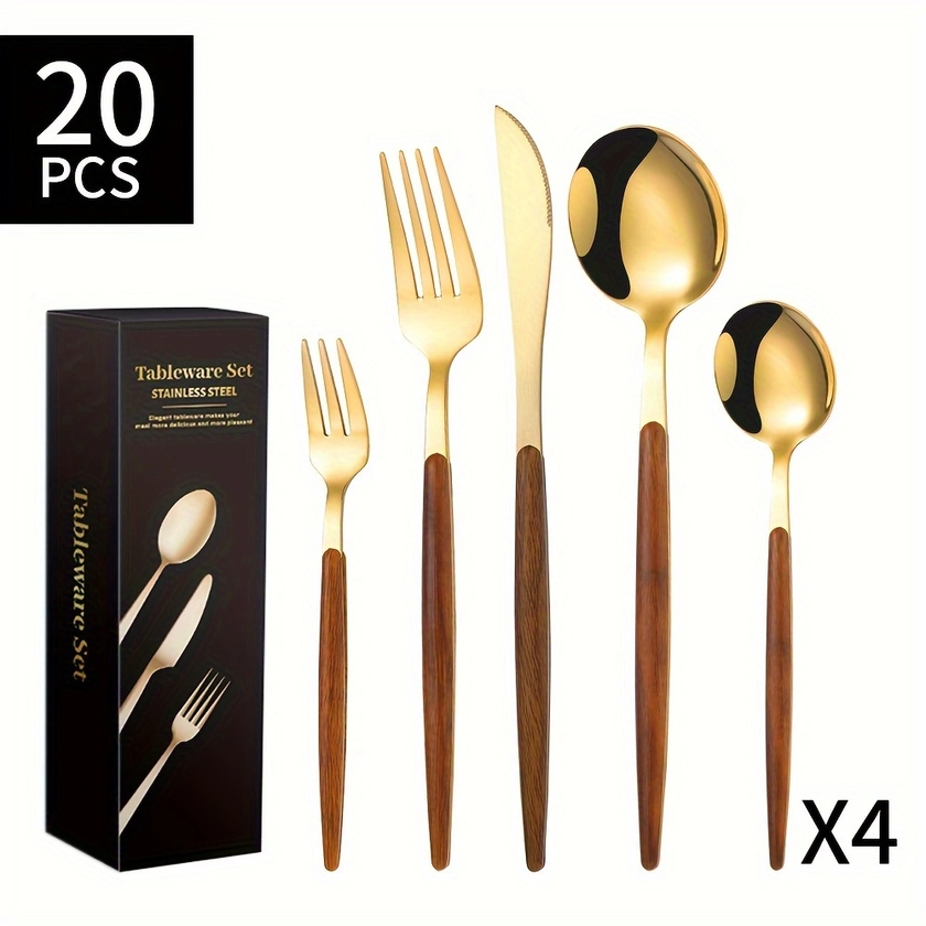 20pcs, Stainless Steel Silverware Set With Gift Box, Hotels Restaurant Western Steak Knives, Forks And Spoon Set, Unique Plastic Imitation Wood Handle