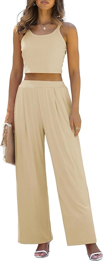 Women's 2 Piece Lounge Sets Ribbed Crop Tops Flowy Wide Leg Pants Soft Pajama Sets Two Piece Outfits for Vaction Beach 2024