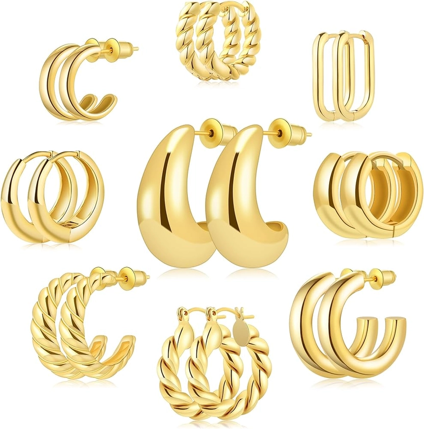 9 Pairs Gold/Sterling Silver/Rose Gold Plated Hoop Earrings Set for Women Trendy Chunky Gold Hoops 14K Real Gold Plated Small Huggie Ball Earrings for Sensitive Ears Non Tarnish Jewelry