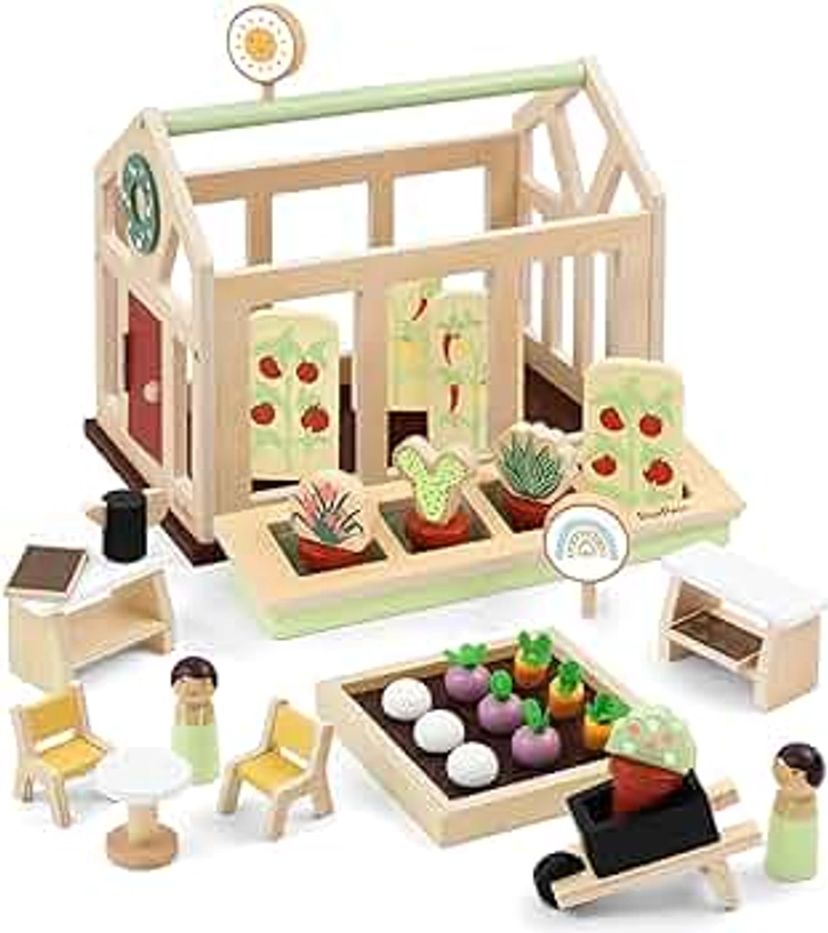 PairPear Dollhouse Furnitures Flower Garden Toy Greenhouse Playset,Toddlers Wooden Toys Dollhouse Garden Toys,Pretend Play Food Set for Girls Boys 3 Years and Up