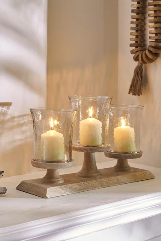 Natural Wooden and Hammered Glass Candelabra Candle Holder