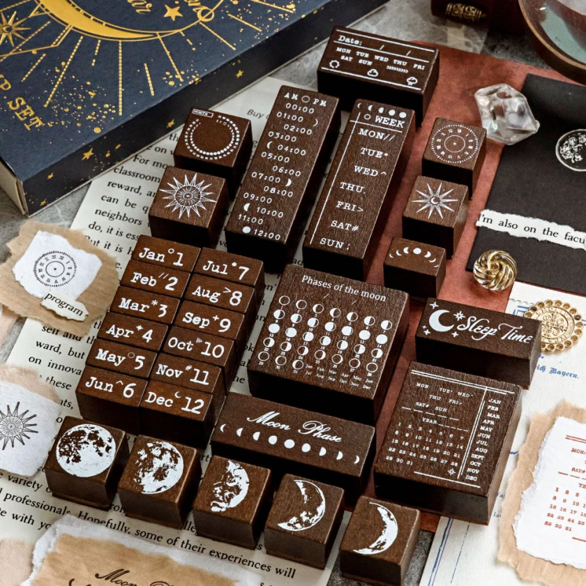 29 Pcs Moon Theme Wooden Stamp Set YXGN