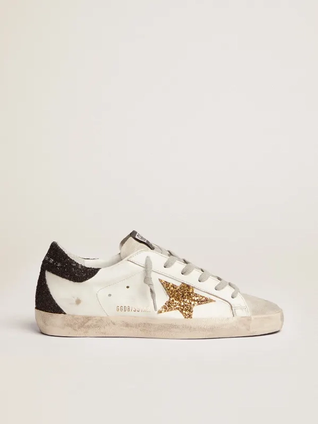 Women's Super-Star with gold star and black glitter heel tab | Golden Goose