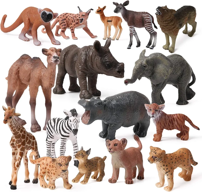 16pcs Baby Safari Animals Figures Realistic Wildlife Creatures Figurines Baby Animals African Jungle Zoo Miniature Toys Cake Toppers Birthday Gift for Kids