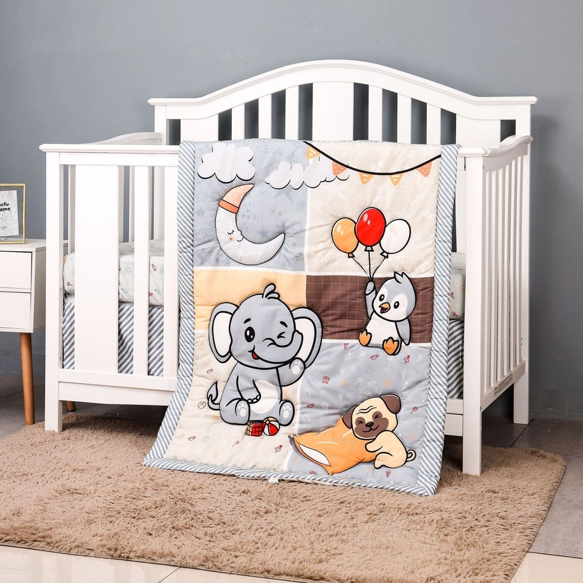 3pcs Elephant Penguin Print Baby Bedding Set, Crib Bedding Set For Children Nursery Kids, Kids' Home Store (1pc*Quilt + 1pc*Fitted Sheet + 1pc*Crib Skirt)