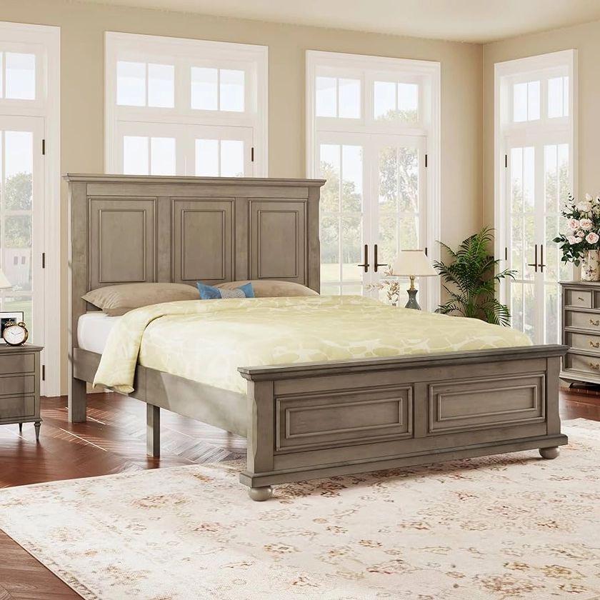 Merax Traditional Town and Country Style Pinewood Vintage Queen Bed, Stone