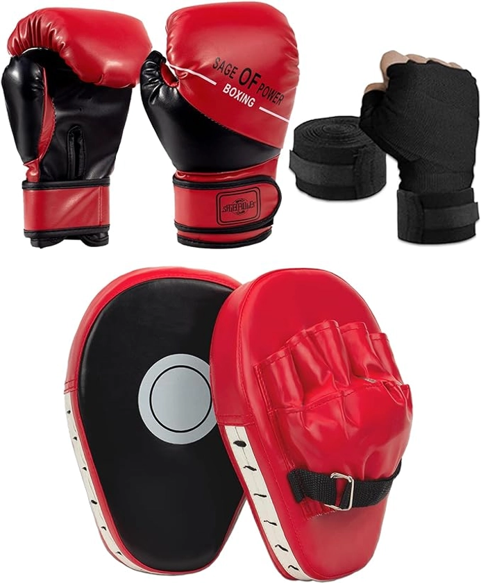 3-in-1 Boxing Gloves and Punching Mitts Set for Kids, Sports Boxing Gloves Boxing Pads with Hand Wraps, Kids Boxing Equipment Set for MMA, Karate, Muay Thai, Taekwondo