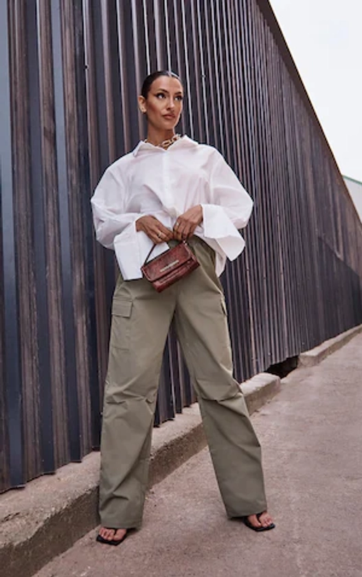 Khaki Elasticated Waist Straight Leg Cargo Pants