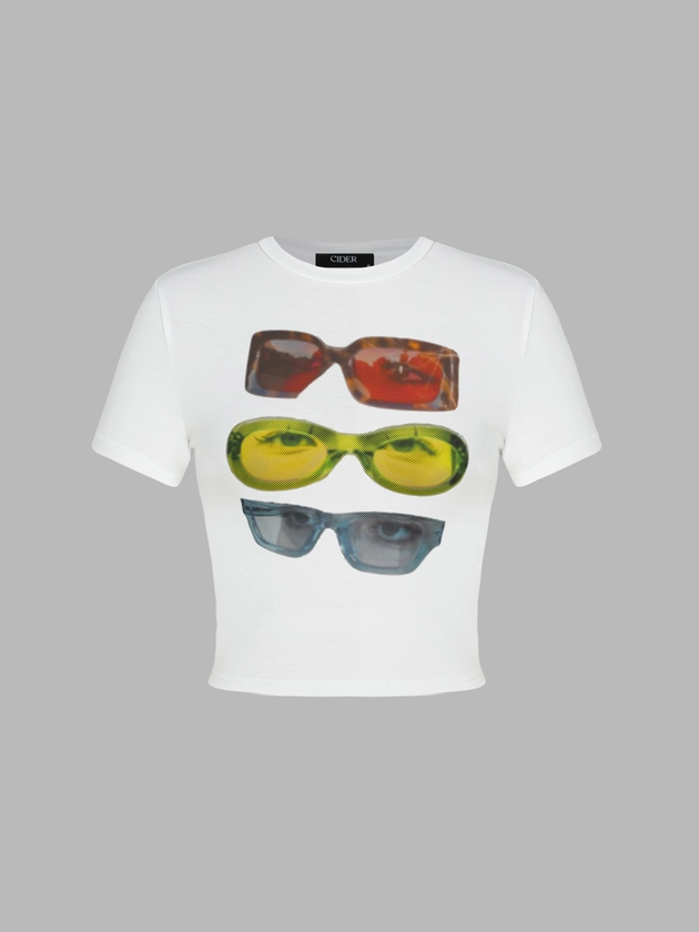 Round Neckline Glasses Graphic Short Sleeve Tee