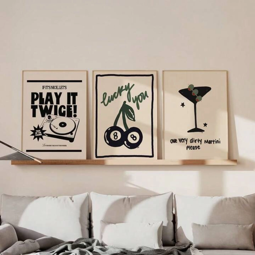 3pcs Set,8 Ball Cherry Print Retro Wall Art Prints And Posters Lucky You Aesthetic Wall Decor Apartment Bar Cart Black And White Prints,50*70*3cm(19.7*27.5in)Unframed