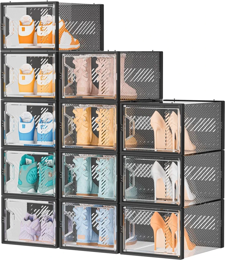 SIMPDIY Boîtes à chaussures,12 pcs boîtes de rangement pour chaussures en plastique transparent empilables,conteneurs pour organisateur de chaussures avec couvercles pour femmes/hommes