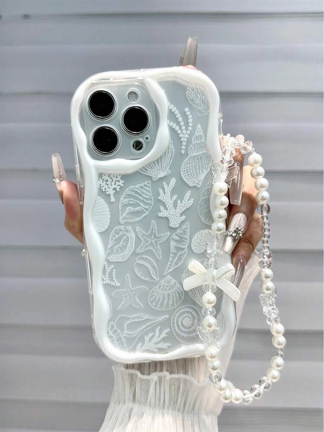 Seashell Painted Shiny Oil Creamy Waves Edges Phone Case With Attached Wrist Strap, Printed Pattern Protective Cover, New Trendy, Compatible With IPhone 15, IPhone 15 Pro Max, Apple P13, P14, P11, P12, XS, XR, 7/8 Plus, Samsung A50, A12, A32, A52, A72, A51, A21s, A13, A14, S22 Ultra, S23, A33, A53, S20 FE, Xiaomi Redmi 11, Redmi Note 12 Pro, 12/12X, Note 11, 9a, 9c, X3 NFC, Redmi 10, Redmi Note 8 Pro