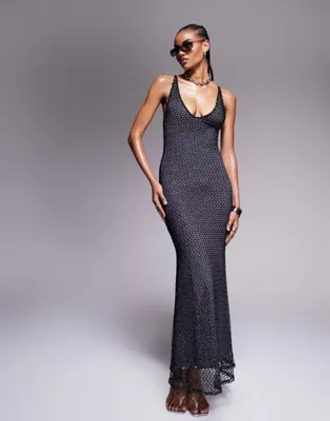 ASOS DESIGN scoop neck shimmer open knit mesh maxi dress in black | ASOS