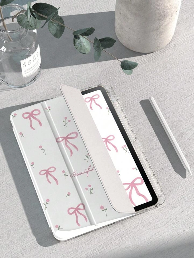 1 pièce Boîtier arrière double face peint en acrylique transparent en cristal avec un beau nœud à fleurs roses, résistant aux chocs, avec fonction de sommeil / réveil, compatible avec iPad et Huawei | Mode en ligne | SHEIN FRANCE