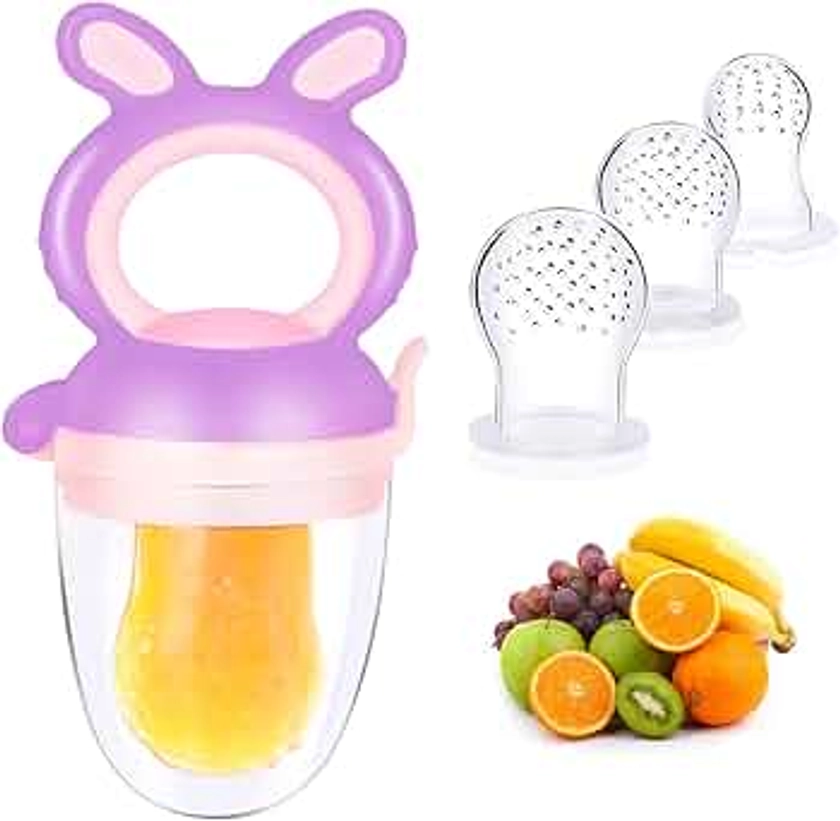 Oladwolf Grignoteuse Sucette Bébé, Tétine Fruits Frais avec Remplacement de 3 Tétines Silicone en 3 Tailles, Anneau de Dentition sans BPA Pour Légumes Aliments (Violet)