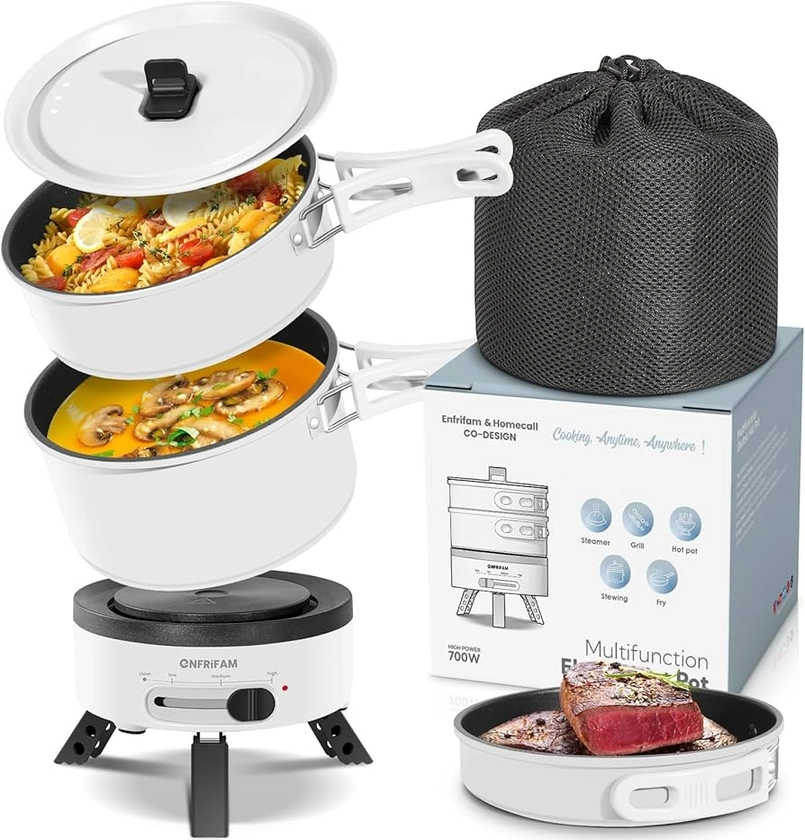 ENFRIFAM Portable Electric Hot Pot 1.8L Multicooker Hotpot Pot with 2PCS 17cm Non-Stick Coating Frying Pan for RV Travel Dorm Office Outdoor Camping Party, Suit for tew/Ramen/Pasta/Soup
