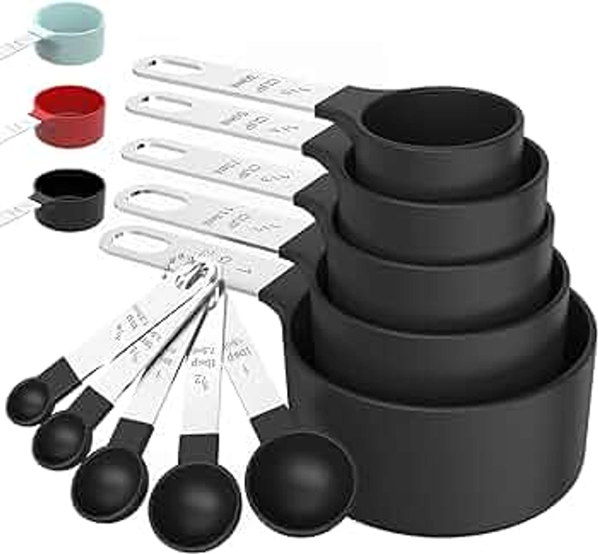 TILUCK Measuring Cups & Spoons Set, Stackable Cups and Spoons, Nesting Measure Cups with Stainless Steel Handle, Kitchen Gadgets for Cooking & Baking (Black)