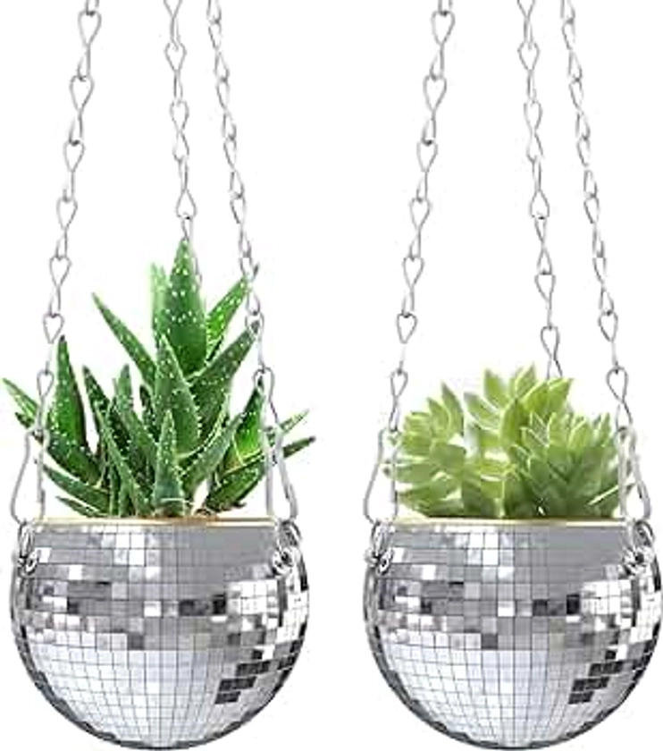 moonoom 2 Pcs Hanging Disco Ball Planter - 4Inch Sliver Disco Mirror Ball Planter with Chain - Home Boho Hanging Planter for Indoor Outdoor Plants