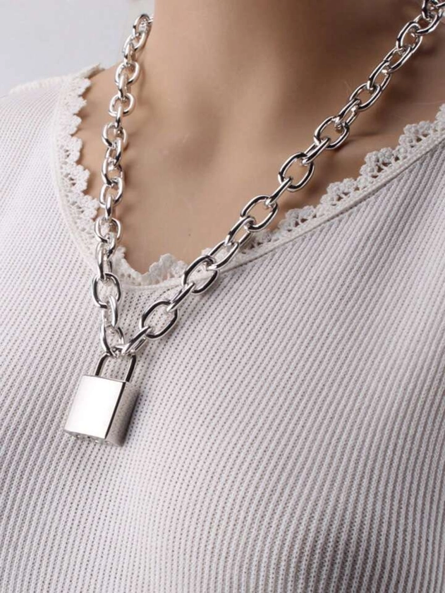 1 pieza Collar con colgante de candado punk exagerado con llave para mujeres y hombres, hecho de cadenas de aluminio