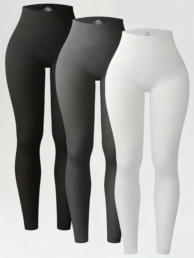 Ribbed Solid Color Yoga Leggings Seamless Butt Lifting Wide - Temu Australia