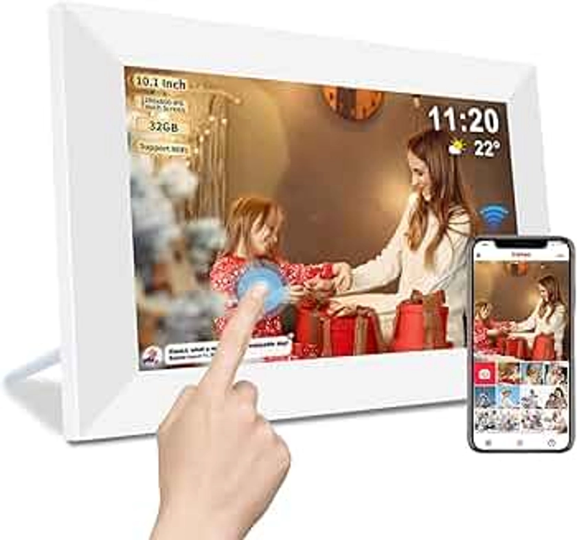 Frameo Digital Picture Frame WiFi -10.1 Inch Digital Photo Frame with 32GB Storage SD Card Slot Desktop,IPS Touch Screen, Auto-Rotate Slideshow Share Videos Photos Remotely Via App-White