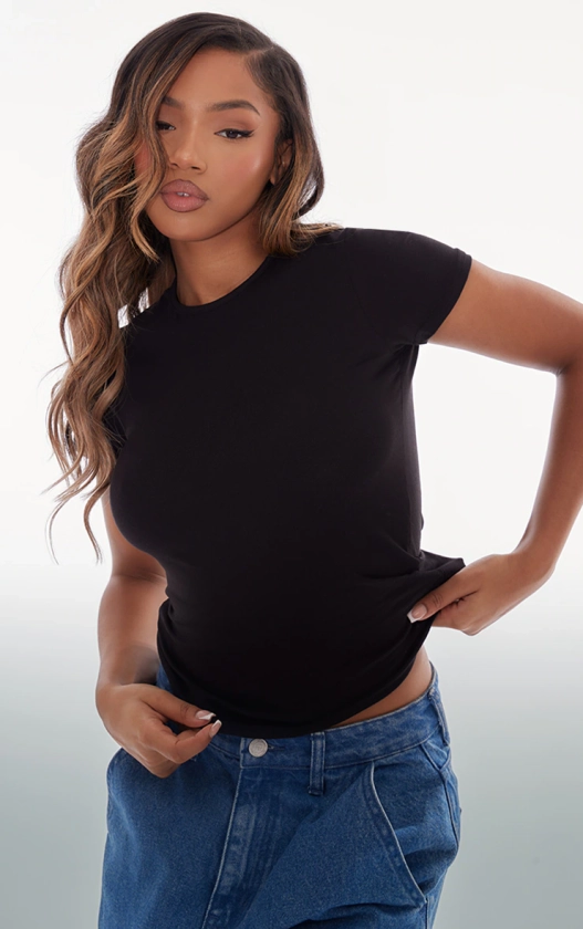 Basic Black Cotton Blend Fitted Crew Neck T Shirt