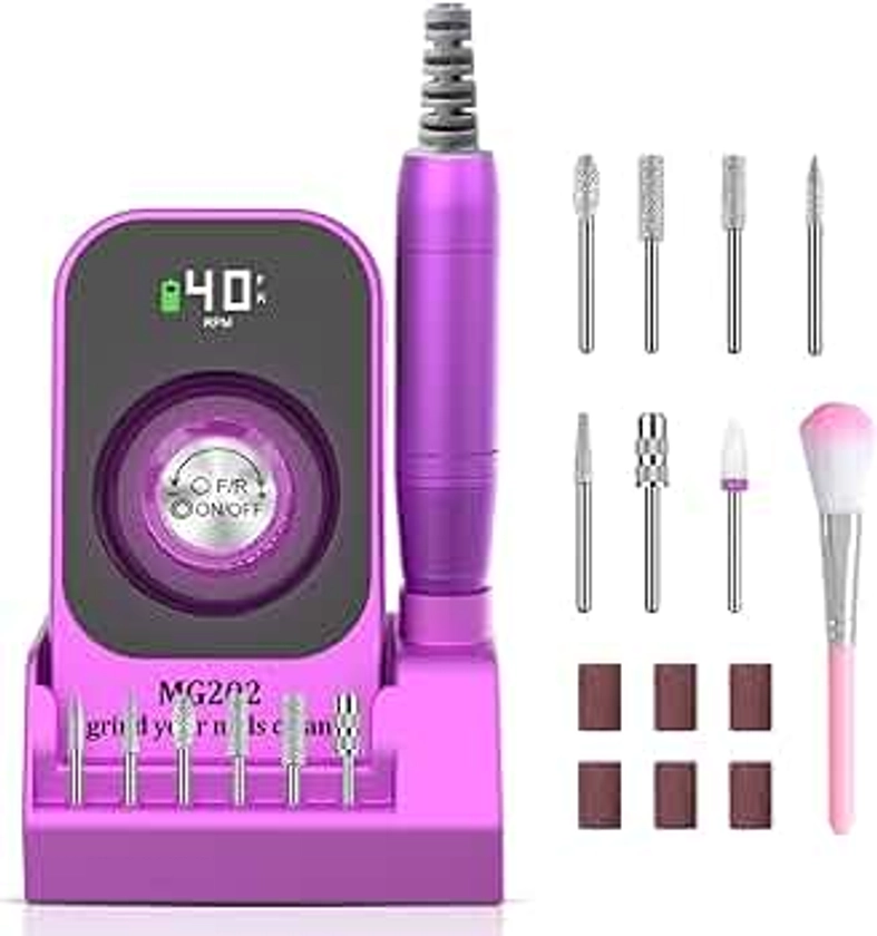 Nail Drill 40000 RPM, Professional Electric Nail Drill Machine Cordless, Rechargeable Nail E File Portable Efile for Acrylic Gel Nail, Manicure Pedicure Polishing Kit Nail Grinder for Salon Home