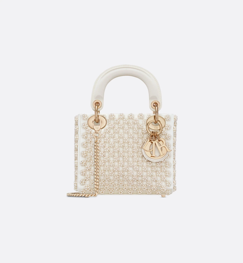 Sac Lady Dior Mini Satin brodé de perles à motif fleurs blanches | DIOR