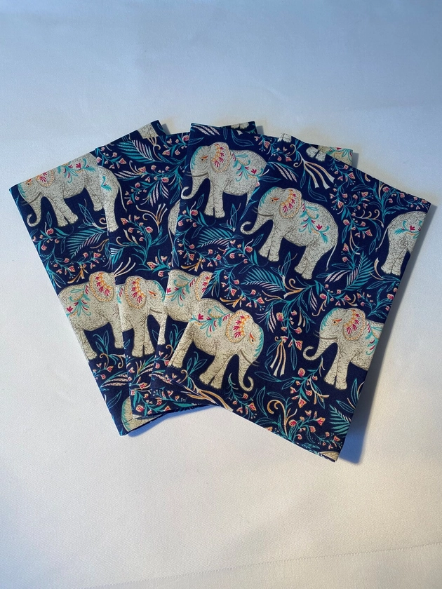 Napkins Handmade Cotton Fabric Set of 4 in Navy Elephant Print - Etsy UK