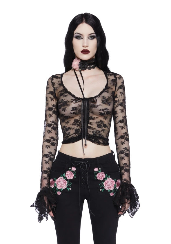 Widow Sheer Goth Floral Lace Long Sleeve Crop Top - Black