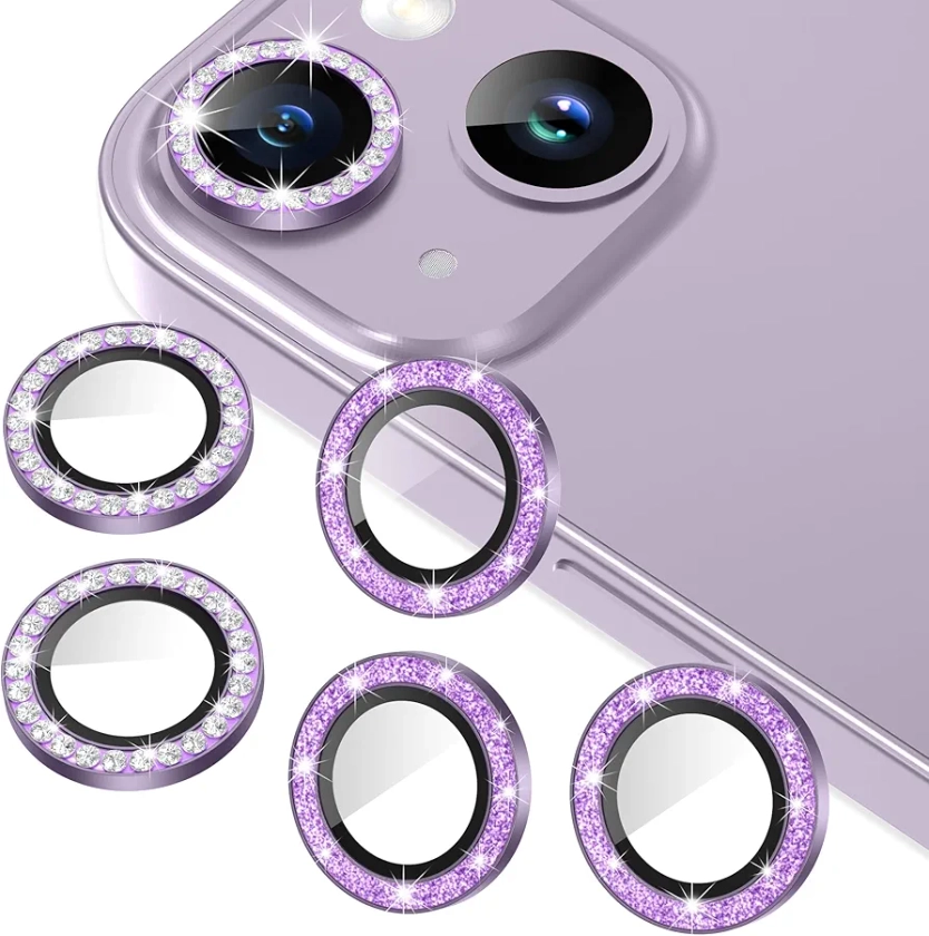 AGVEE 3+3 for iPhone 14 6.1" / 14 Plus 6.7" Camera Lens Protector, Bling Diamond & Bling Glitter Metal Ring 9H Tempered HD Glass Camera Protector Cover Film, Bling-Purple