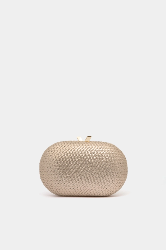 Gold Lucia Woven Oval Clutch | Olga Berg