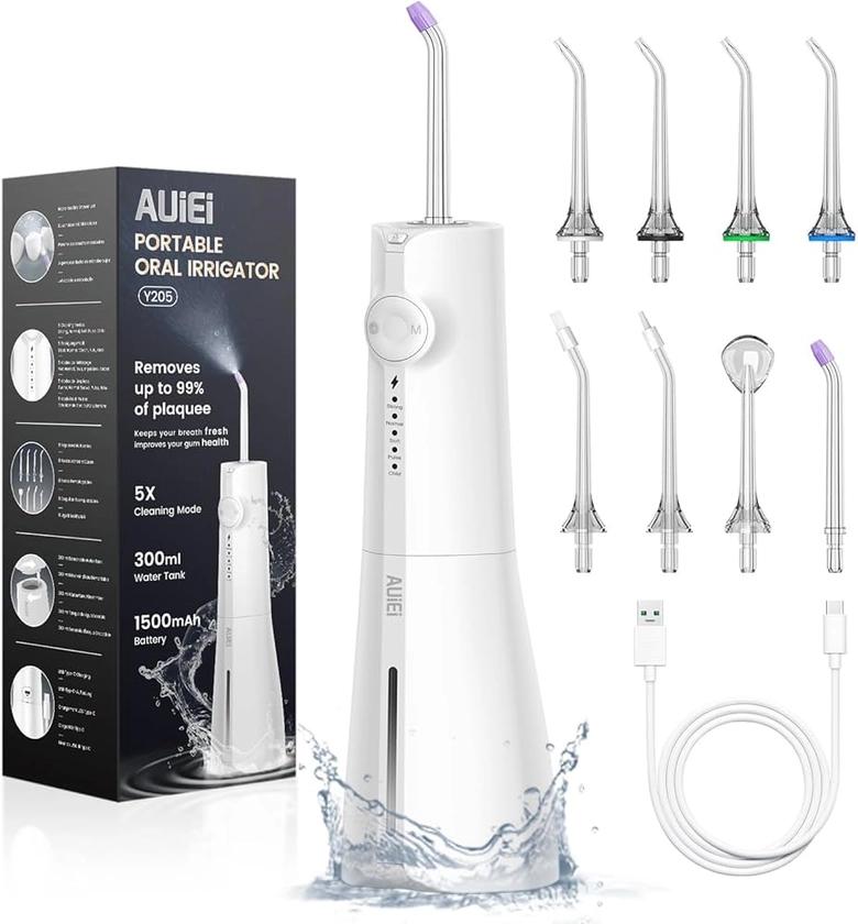 AUIEI Portable Water Flosser Dental Jet Water Flosser, Oral Irrigator 5 Modes and 8 Nozzles, 300 ml Tank, USB Charged, IPX7 Waterproof, Sensitive Gum, White