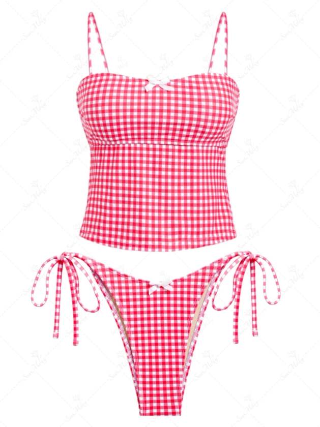 Seamolly Gingham Cinched Back Bow Decor Tie Side Tankini Set