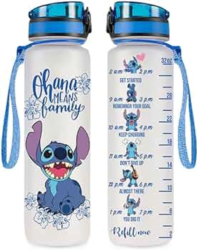 GEPOSTORE Blue Allien 32 Oz Water Track Bottle, Ohana Means Family With Time Marker, Bottles, Motivational Insulated, Gifts, Gift For Lovers
