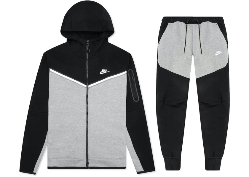 Survêtement Nike Sportswear Tech Fleece (pantalon + sweat à capuche zippé) noir/gris chiné/blanc