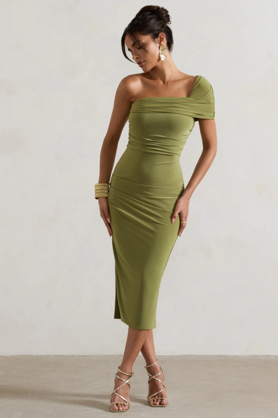 Hawaii | Olive Asymmetric One-Shoulder Split Midi Dress