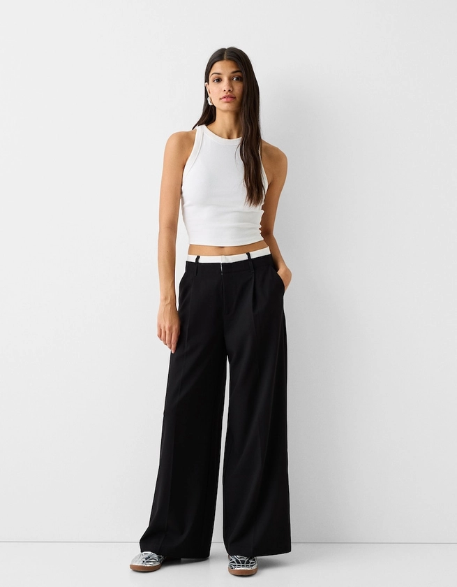Wide-leg tailored fit trousers with contrast waist detail