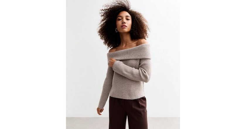 Mink Ribbed Knit Bardot Jumper | New Look