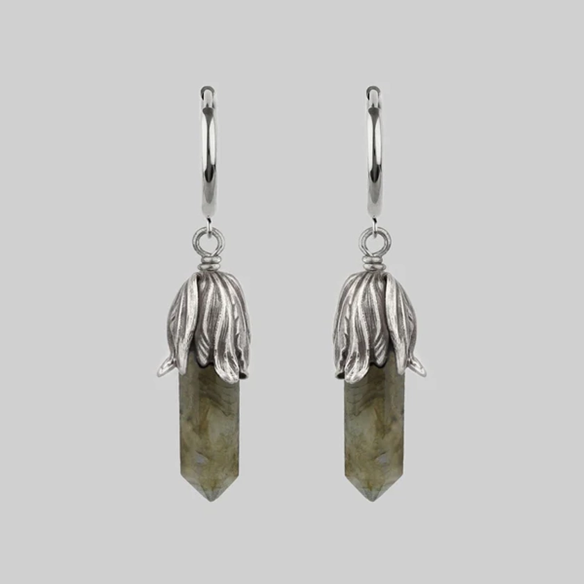 DEATH BLOOM. Labradorite Gemstone Hoop Earrings - Silver