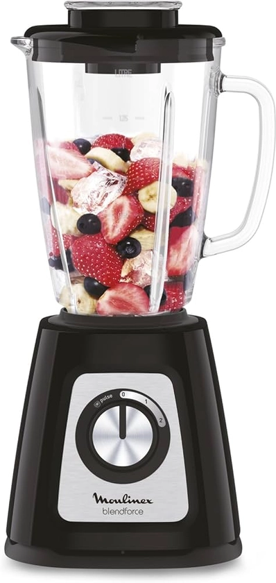 Moulinex Blender mixeur électrique, Bol verre 1,75 L, Puissance 800 W, Verrouillage sûr, Ergonomique, Broyeur à grains, Smoothies, Glace pilée, Blendforce, Noir LM430810