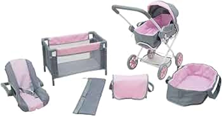 KOOKAMUNGA KIDS Ensemble de poussettes et Accessoires pour poupées (5 en 1) | Accessoires indispensables pour poupées | Ensemble Poussette et Berceau | Lit de Transport Amovible | Rose et Gris