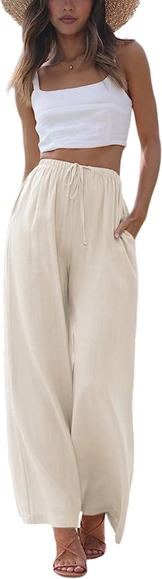 Women's Cotton Linen Summer Palazzo Pants Flowy Wide Leg Beach Trousers with Pockets