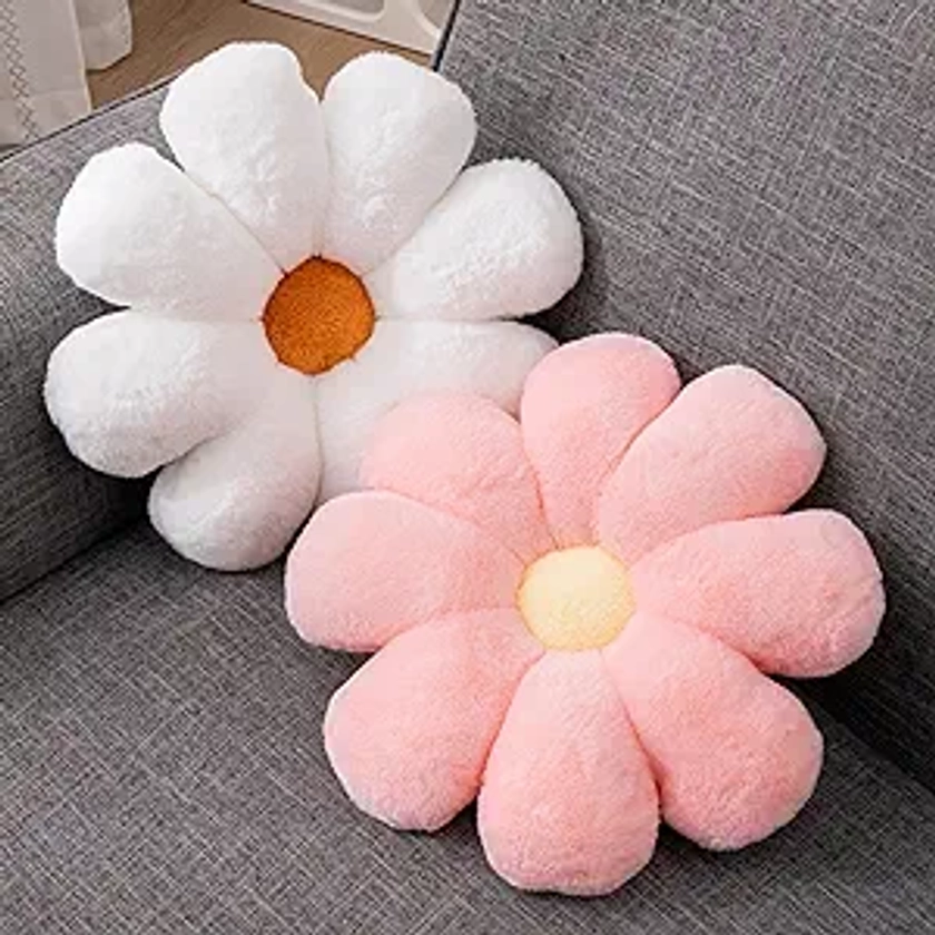 2PCS Flower Pillow - White & Pink Daisy Flower Shaped Throw Pillows Cute Preppy Room Decor Aesthetic Home Decorative Pillows Cushions for Girls Bedroom Sofa Chair Decor (White & Pink, 15 Inch)